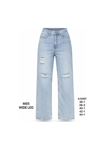 Miss Poem Kadın Açık Mavi Yırtık Detaylı Wide Leg Jean Pantolon A.mavi