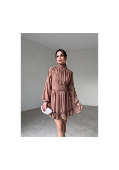 Munora Butik Dik Yakalı Şifon Vizon Elbise Vizon Vizon
