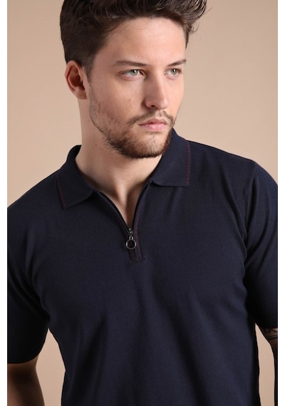 Ferraro Lacivert Polo Yaka Fermuarlı Erkek Pamuk Triko T-Shirt-Lacivert (417942893) Lacivert