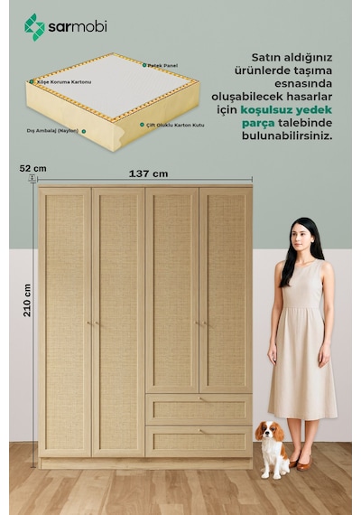 Baru 4 Kapaklı 2 Çekmeceli Dolap H:210 Cm Atlas Çam