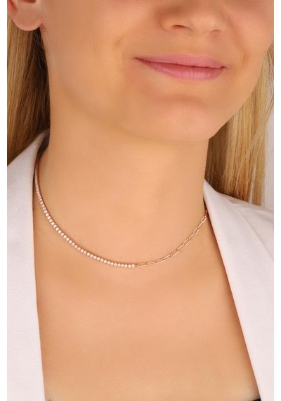Yarısı Suyolu Yarısı İtalyan Zincirli Gümüş Choker Kolye Rose Gold