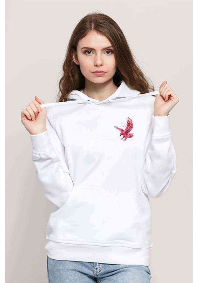 Watercolor Eagle Baskılı Kadın Kapüşonlu Beyaz Sweatshirt