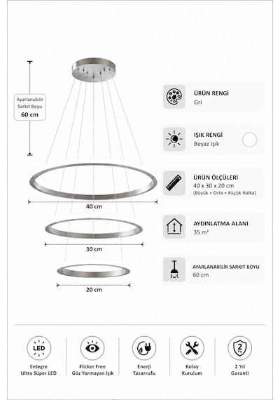 AvizeGO Rizon 3 Lü Led Sarkıt Avize Beyaz Işık Gri