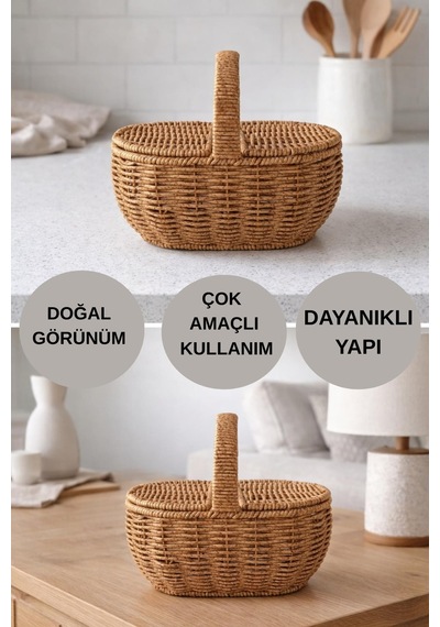 Oval Hasır Rattan Mini Kulplu Organizer Sepet,masaüstü Ekmeklik,banyo Düzenleyici Kahverengi