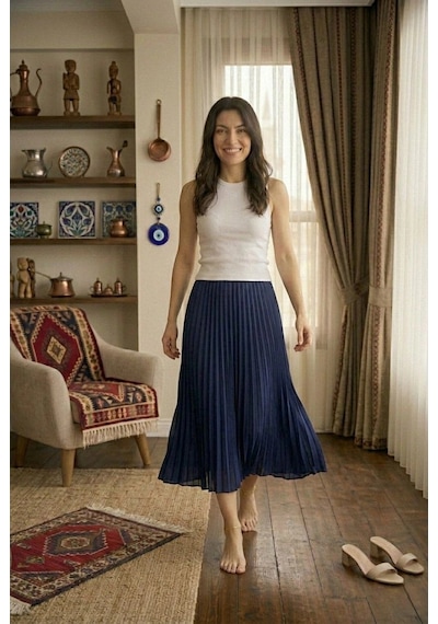 Wear Vexel Kadın 90 Cm Saten Kumaş Pliseli Midi Etek Şık Ve Zarif Tasarım - Lacivert Çok Renkli