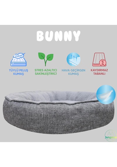 Bunny Kedi Ve Köpek Yatağı Gri 85x85x15 Cm Orta, Donut Şekli, Yükseltilmiş Kenar, Ultra Yumuşak Peluş, Gerginlik