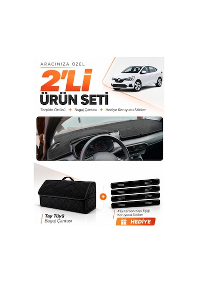 E-biz Renault Talıant Ekransız 2021-2026 Uyumlu Torpido Örtüsü + Tay Tüyü Çanta - Siyah - Da002