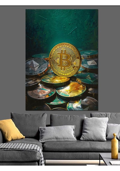 Ahşap Tablo Altın Bitcoin Kripto Para