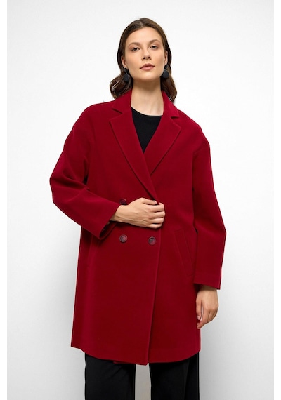 Olcay Desenli Astarlı Oversize Kruvaze Kaban Kırmızı 3095
