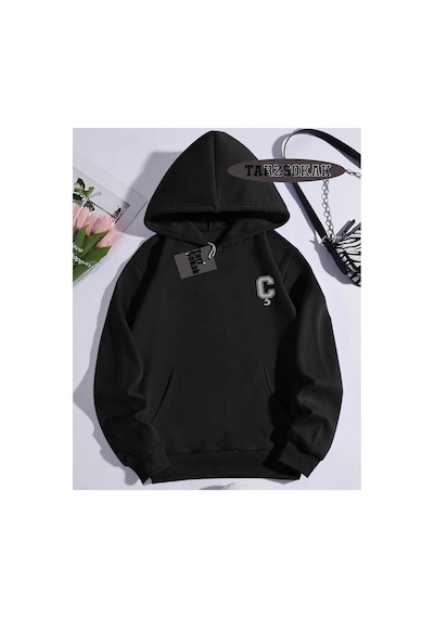 Tarzsokak Kapşonlu Sweatshirt Siyah Ç Harfi İsme Özel Tasarım