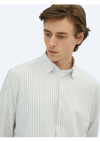 Kip Siyah Çizgili Regular Fit Casual Pamuk Karışımlı Gömlek Siyah