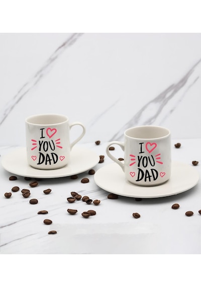 I Love You Dad Baskılı 2'li Türk Kahve Fincanı & Metal Mum Hediye Seti Babalar Gününe Özel Hediye B2