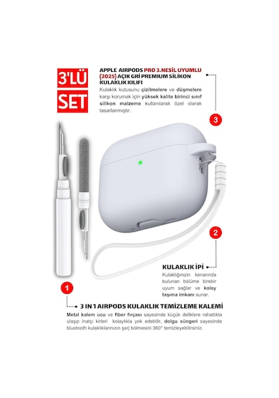 Pro 3.nesil Uyumlu Açık Gri Premium Silikon Kulaklık Kılıfı, Kulaklık İpi Ve 3'ü 1 Arada Bluetooth Kulaklık Temizleme Kalemi Seti Açık Gri
