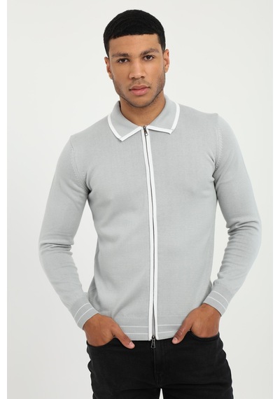 Dufy Erkek Regular Fit Polo Yaka Gri Fermuarlı Hırka-19551