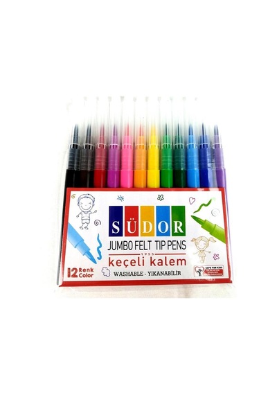 Jumbo Keçeli Boya Kalemi Yıkanabilir12 Renk 1 Paket  Keçeli Kalem 12 li