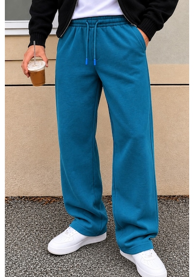 Tarz Cool Erkek Oversize Baggy Fit Eşofman Altı %100 Pamuk 3 İplik Şardonlu Bol Paça Rahat Kesim Petrol