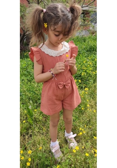 Novy Baby Müslin Kumaş Dantel Yaka Fiyonklu Kız Çocuk Tulum - 2-5 Yaş
