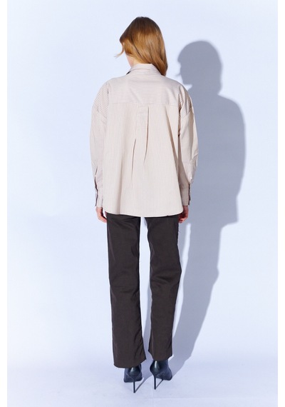 Manche İnce Çizgili Pamuk Saten Oversize Rahat Kalıp Kadın Basic Gömlek Bej Mks167432-01