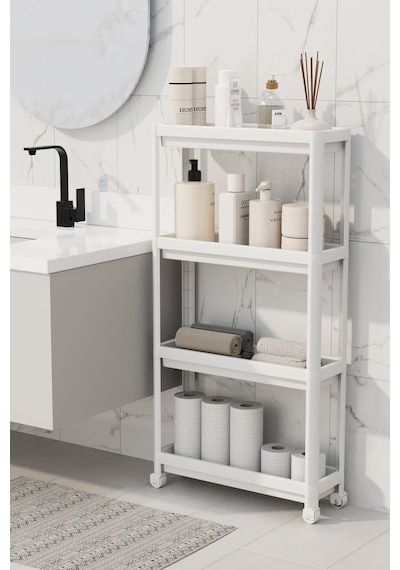 Mithra Life 4 Katlı Tekerlekli Slim İnce Beyaz Banyo Mutfak Rafı Mıt1200
