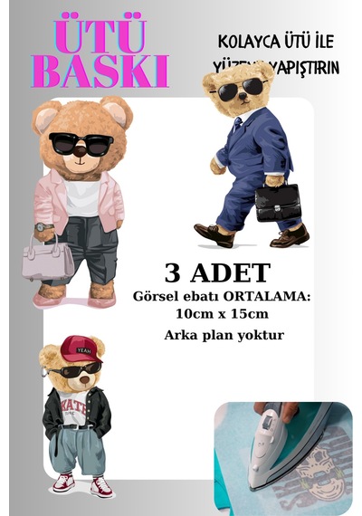 Ütü İle Yapışan Tekstil Transfer Dtf Baskı 3 Adet Sevimli Büyük Ayıcıklar - 674522816