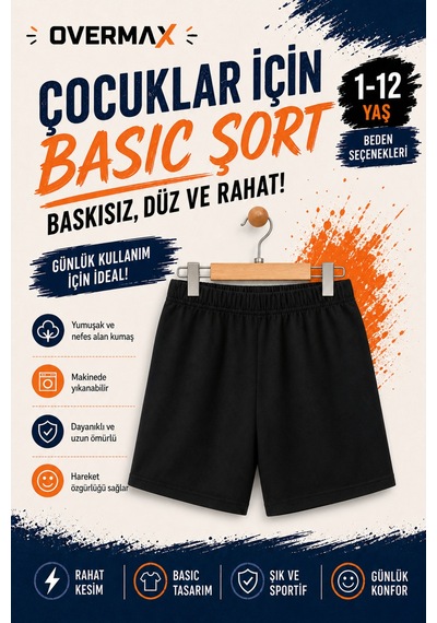 Overmax Siyah Çocuk Şort 1-12 Yaş Kız Erkek Baskısız Düz Basic Lastikli Bel Günlük Spor Şort Siyah - 903017719 Siyah