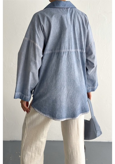 Femelle Kadın Mavi Salaş Yanları Fiyon Bağlama Detaylı %100 Pamuk Oversize Yıkamalı Gömlek