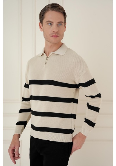 Efor Slim Fit Çizgili Fermuarlı Polo Yaka Bej Triko Kazak Tr 877 Bej