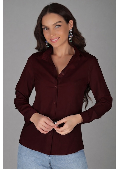 Sweetness Kadın Koyu Bordo Likralı Uzun Kol Pamuklu Klasik Gömlek Bordo