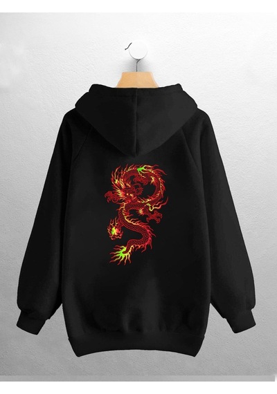Macklin Unisex Kadın Erkek Kırmızı Ejder Baskılı Sweatshirt Siyah Mck0776 Siyah