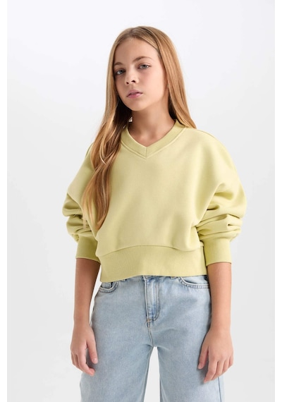 DeFacto Kız Çocuk Cropped Fit V Yaka Basic Düz Sweatshirt D7047A824WNGN659 Yeşil