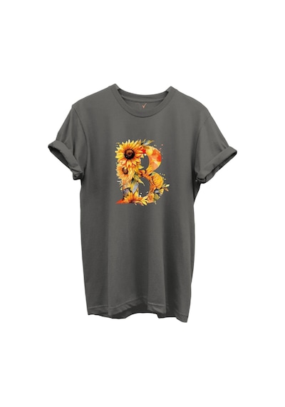 Ayçiçek Desenli B'' Harfi Baskılı %100 Pamuk Regular Fit Unisex T-shirt Gri