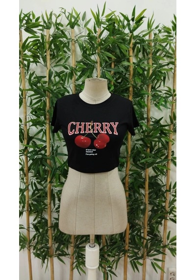 Defymoda Kadın Kısa Kollu Bisiklet Yaka Desenli Krop Bluz Siyah