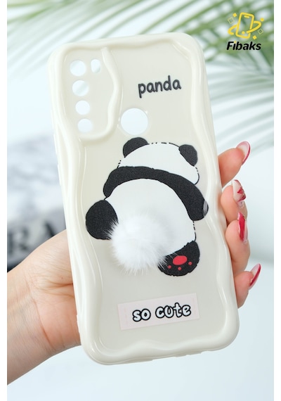 Fibaks Redmi Note 8 Uyumlu Kılıf Tasarımlı Desenli Kamera Korumalı Panda Beyaz Püsküllü Silikon Kapak
