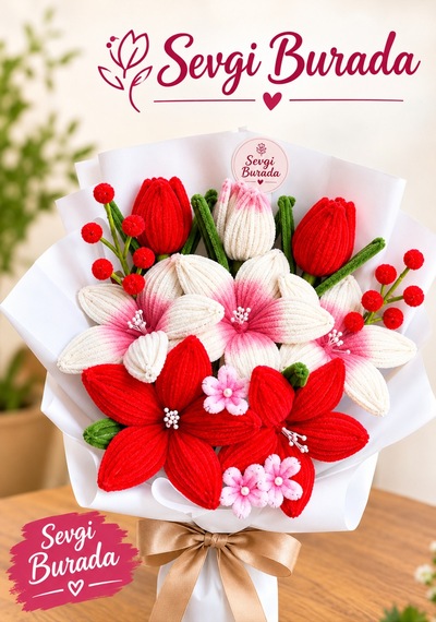 Hediyelik Kırmızı Ve Beyaz Buket Lale Ve Lilyum Kırmızı - 934263335 Kırmızı