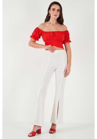 Lela Regular Fit Madonna Yaka Bağlama Detaylı Crop Bayan Bluz 6527017 Nar Çiçeği