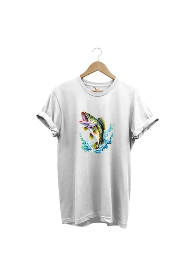 Fishing Balıkçılık Levrek Balığı Deniz Baskılı %100 Pamuk Regular Fit Bisiklet Yaka Beyaz T-shirt Beyaz