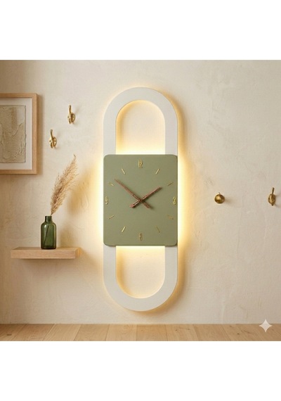 Berlin Ahşap Salon Duvar Saati Pilli Ledli Quartz Ultra Sessiz Mekanizma 28 Cm X 85 Cm Haki