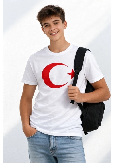 Wear Vexel Erkek Çocuk Tişört Bisiklet Yaka Ay Yıldız Bayrak Baskılı T-shirt - Beyaz Çok Renkli