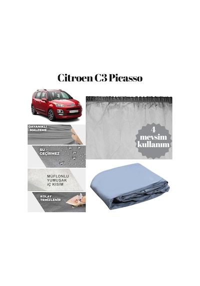 Guard Branda Citroen C3 Picasso Uyumlu Araca Özel Pvc Dikişsiz Miflonlu %100 Su Geçirmez 4 Mevsimlik Gri