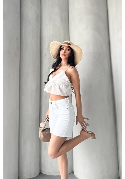 HLT Jeans Kadın Beyaz Yıkamalı Mom Fit Yüksek Bel Likralı Denim Şort Lily-2078