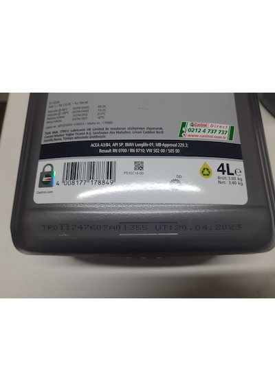 Castrol GTX 5W-40 Sentetik Motor Yağı 4 L