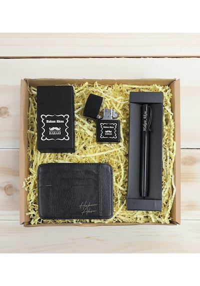 Bk Gift Kişiye Özel İsimli Baba Temalı Siyah Metal Kalem&çakmak&sigara Kutusu&kartlık-cüzdan Hediye Seti, Sevgiliye Hediye-4, Babaya Hediye, Babalar G