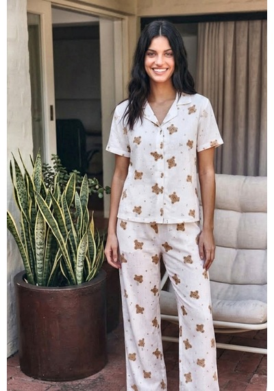 Viskon Karışım Homewear Kırık Beyaz Pijama Takımı