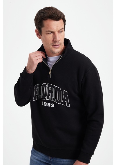 Tudors Erkek Relax Fit Rahat Kesim Pamuklu Yarım Fermuarlı Baskılı Siyah Sweatshirt-42315 Sİyah