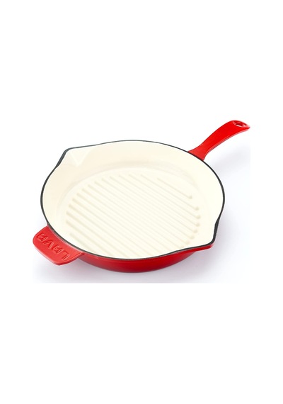 Metal Saplı 28 Cm Kırmızı İç Krem Döküm Yuvarlak Izgara Tava Belirtilmemiş