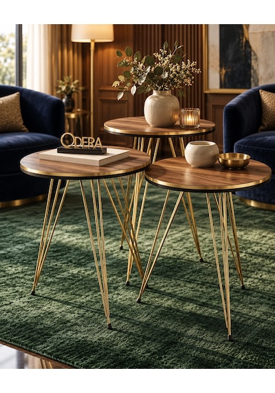 Odera Çift Ceviz Yuvarlak Zigon Sehpa 3'lü Set Metal Tel Ayaklı Modern Retro Salon Sehpası Diğer