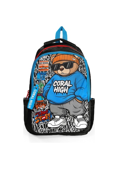 Coral High Erkek Çocuk Siyah Mavi Grafiti Ayıcık Baskılı 3 Bölmeli İlkokul Ve Ortaokul Çantası - 33250 Çok Renkli
