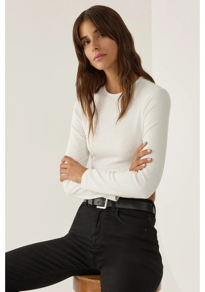 Hiccup Slim Fit Örme Crop Bluz Tozlu Beyaz