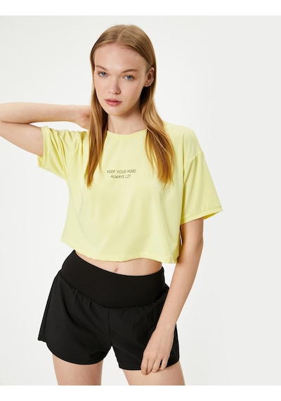 Koton Crop Spor Tişört Kısa Kollu Bisiklet Yaka Baskı Detaylı Sarı 4sak10270nk Sarı