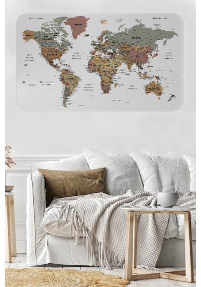 Türkçe Eğitici Ülke Ve Başkent Detaylı Atlası Dünya Haritası Duvar Sticker -60x105-3852 - Renkli Çok Renkli